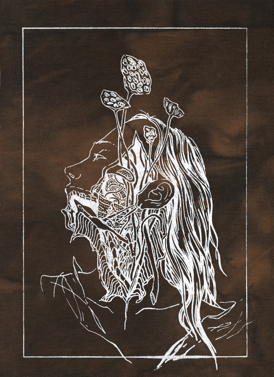 white screenprint on black and brown fabric of a profile of an android, cut open, with lotus seed pods growing from the head