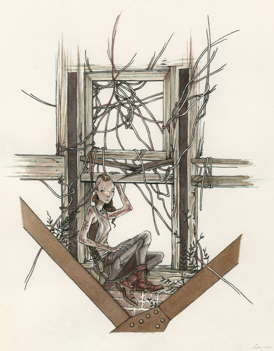 watercolor and ink illustration of a girl resting in the frame of a window
