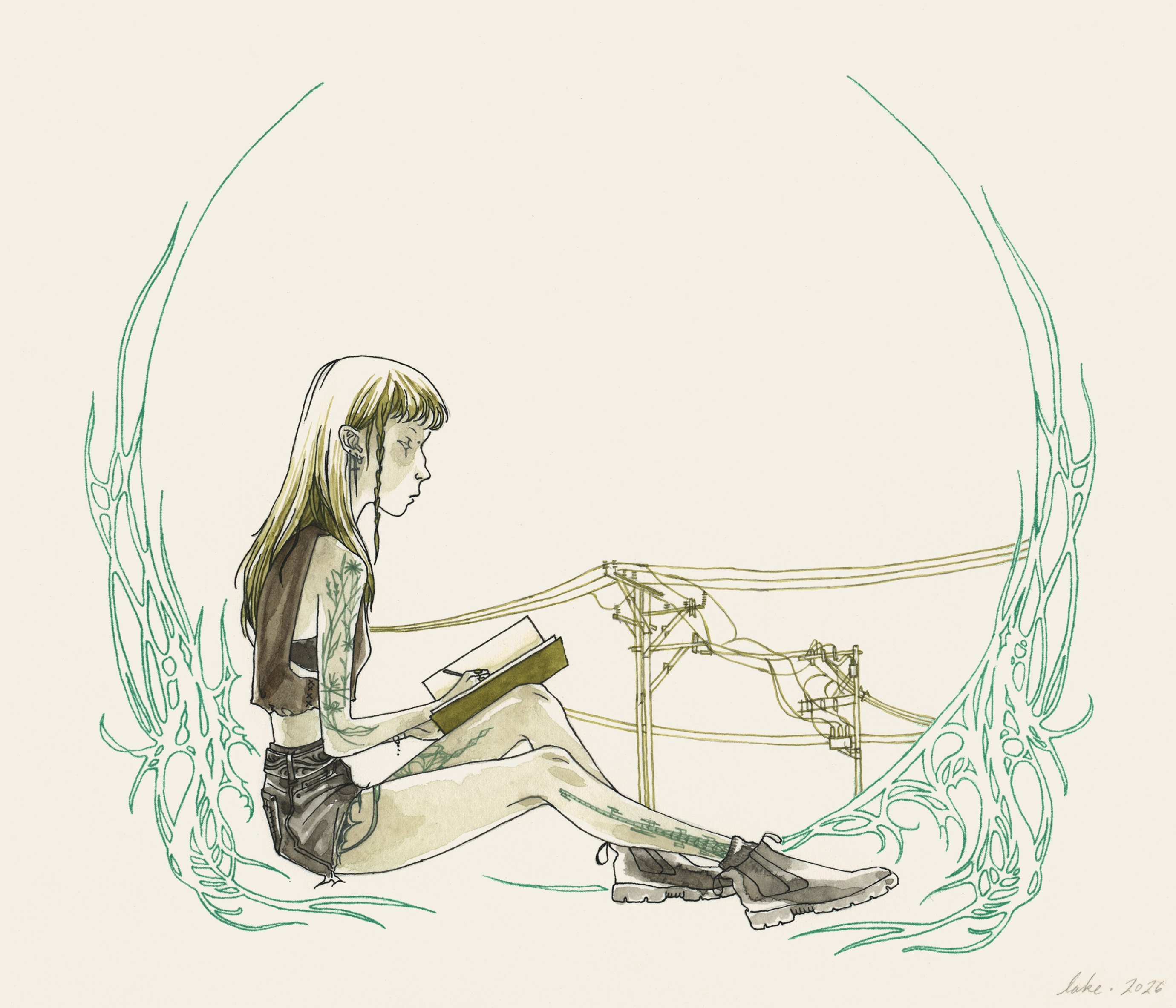 watercolor illustration of a girl drawing in a book. abstract lines surround her. in the background, a power line.