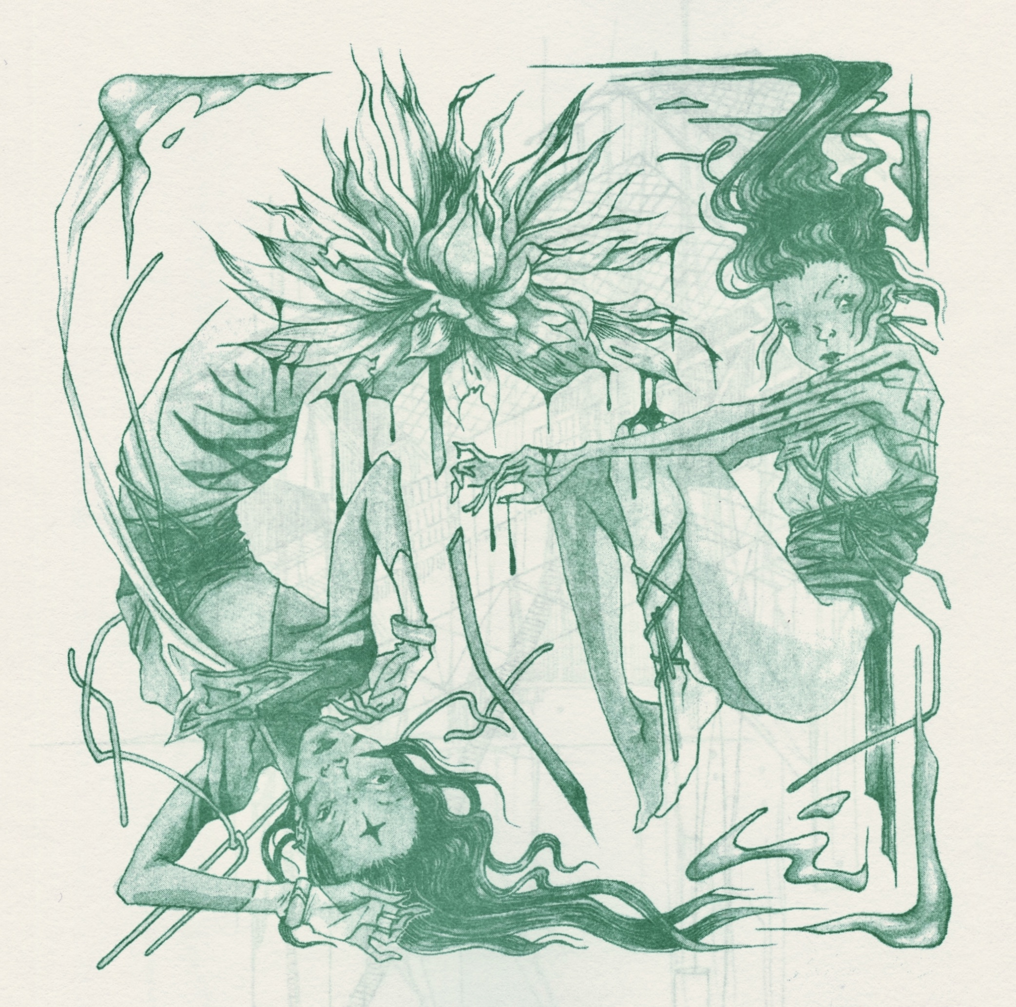 riso printed illustration of two girls surrounding a dripping flower