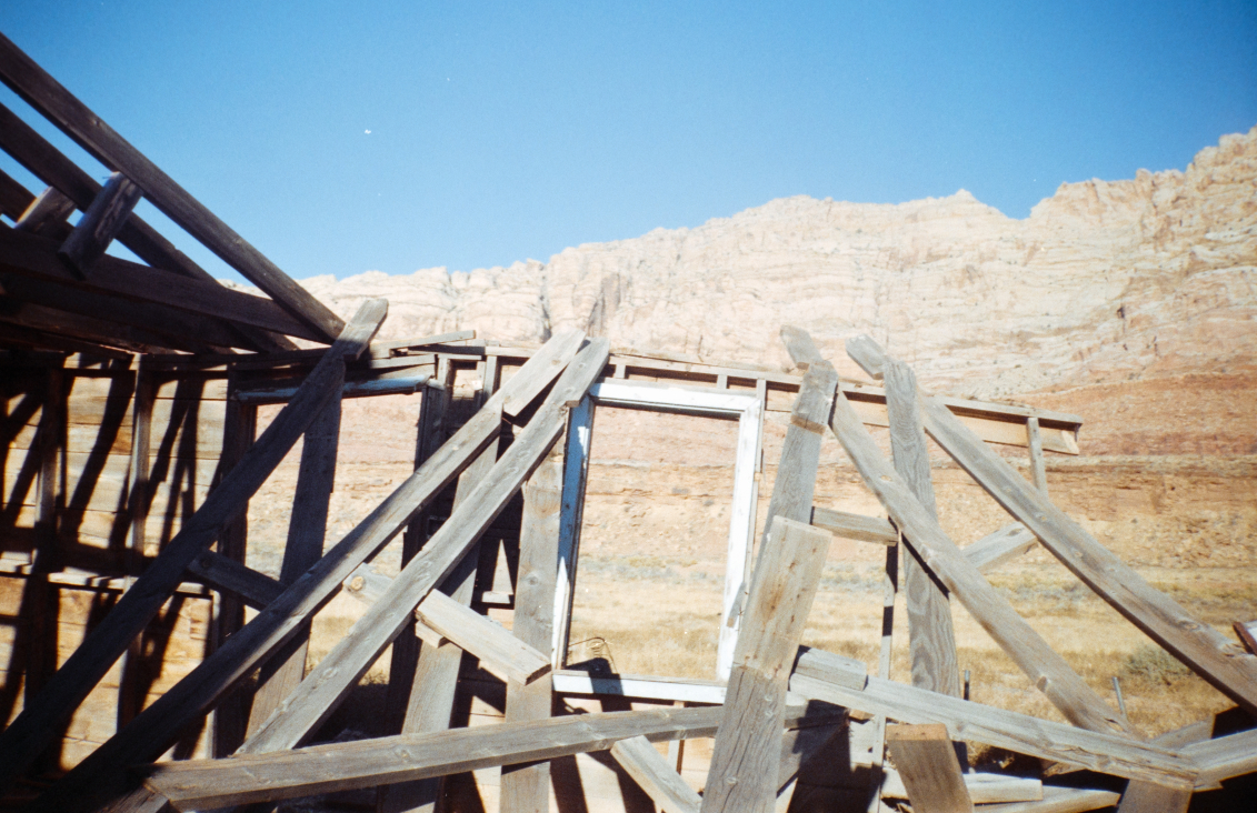 skeleton of a wooden house, closeup of window