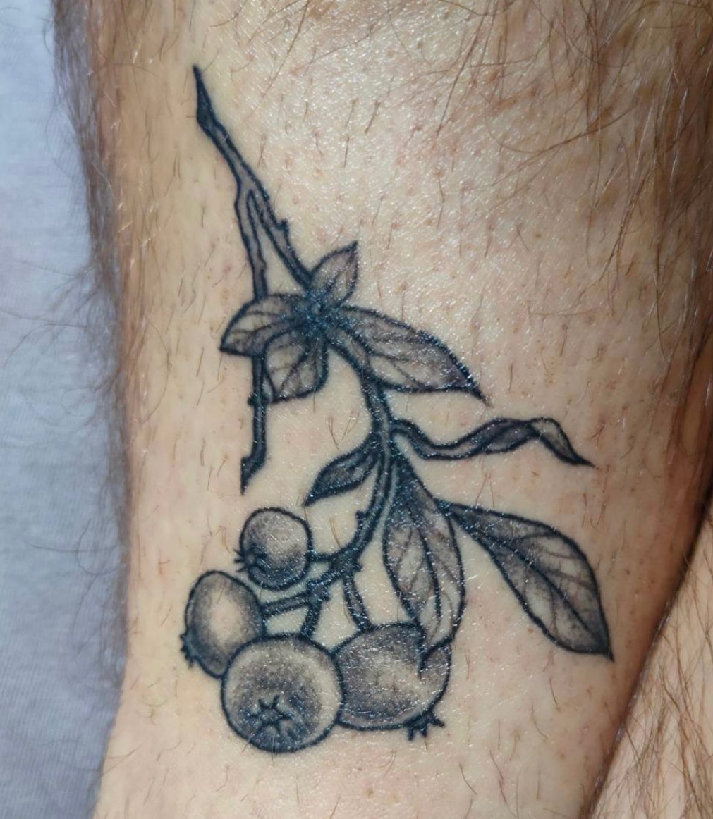 tattoo of blueberries on leg, healed